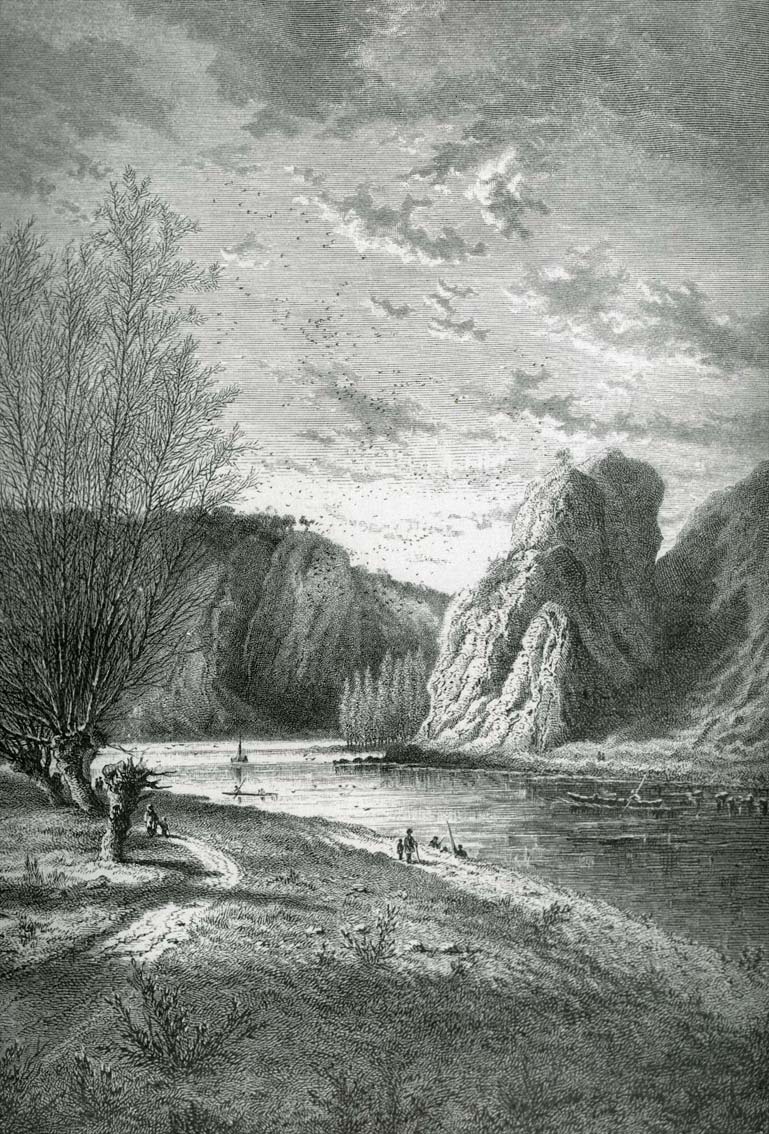 Saules en bord de Meuse à Hun (Fidevoie) vers 1850. « La Roche aux Corneilles », gravure d’E. Puttaert parue dans « La Belgique Illustrée », coll. P. Saint-Amand 