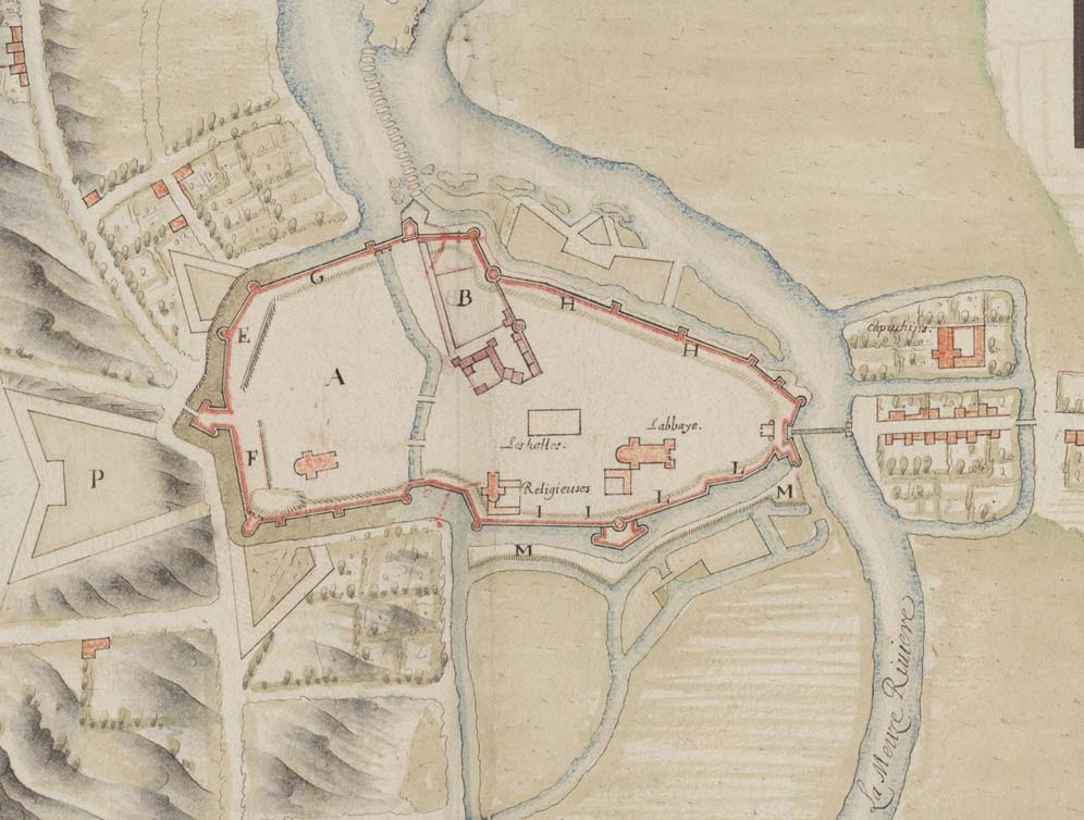 Mouzon en 1631 : on voit bien ici l’importance et la position du château dans la ville (BNF, département Cartes et plans, Registre C : Plan de la Ville et Chasteau de Mouzon)
