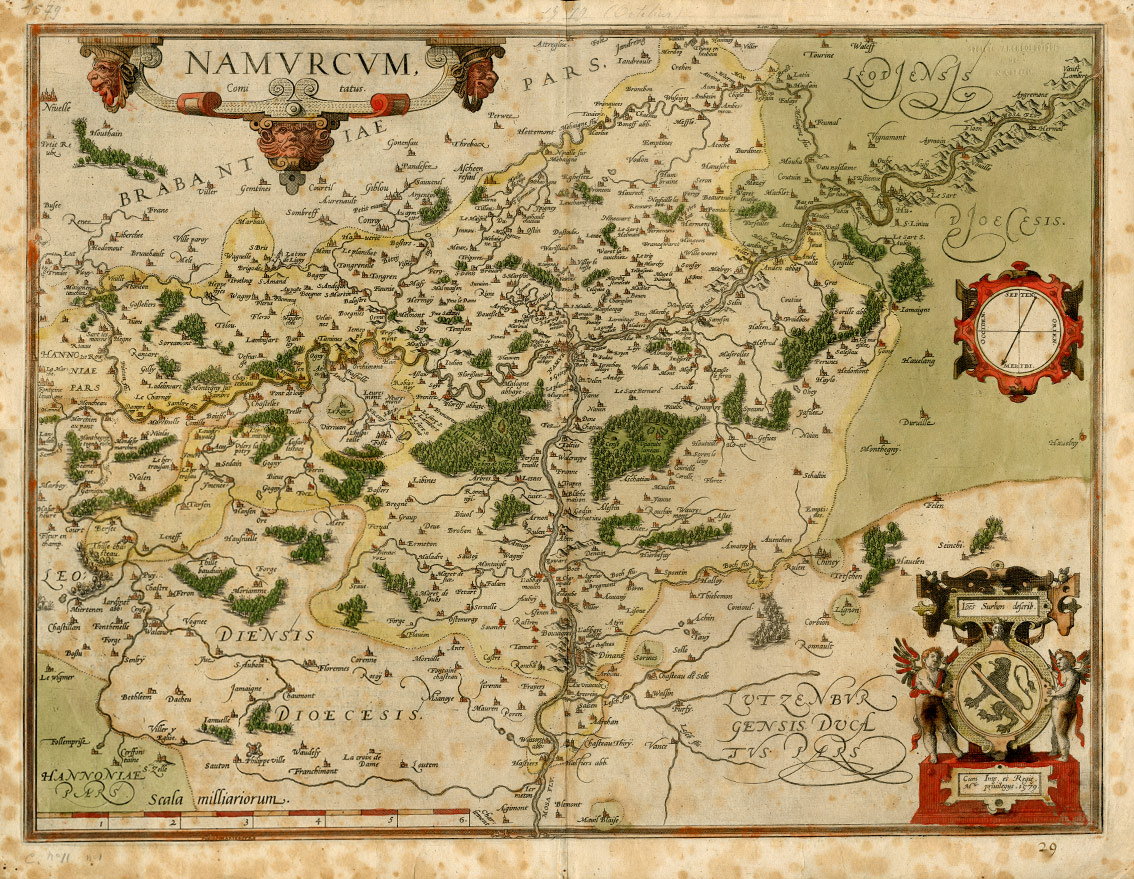 Carte du comté de Namur en 1579. À l’est de la Meuse, les massifs forestiers rappellent l’ancienne forêt d’Arche au sud de laquelle est constituée la prévôté de Poilvache au XIIIe siècle. Gravure colorée par Jean Surhon (© SAN)